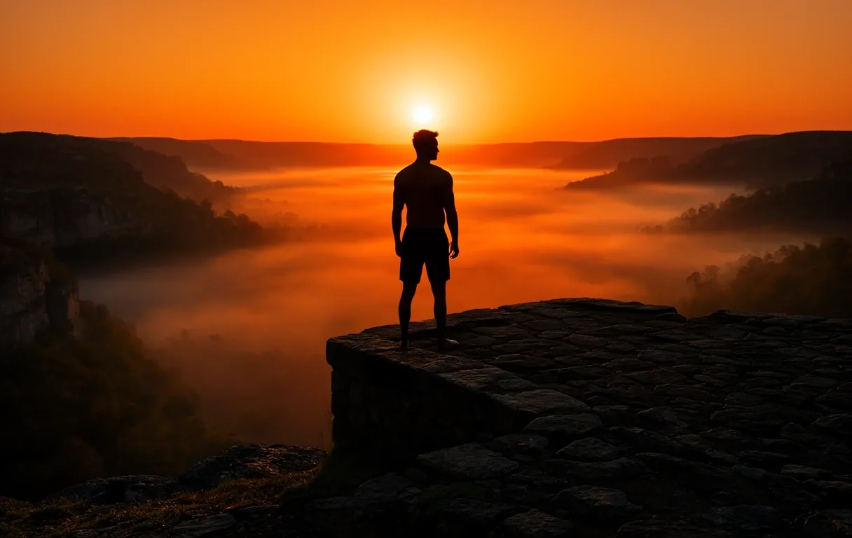 Dawn over rugged terrain